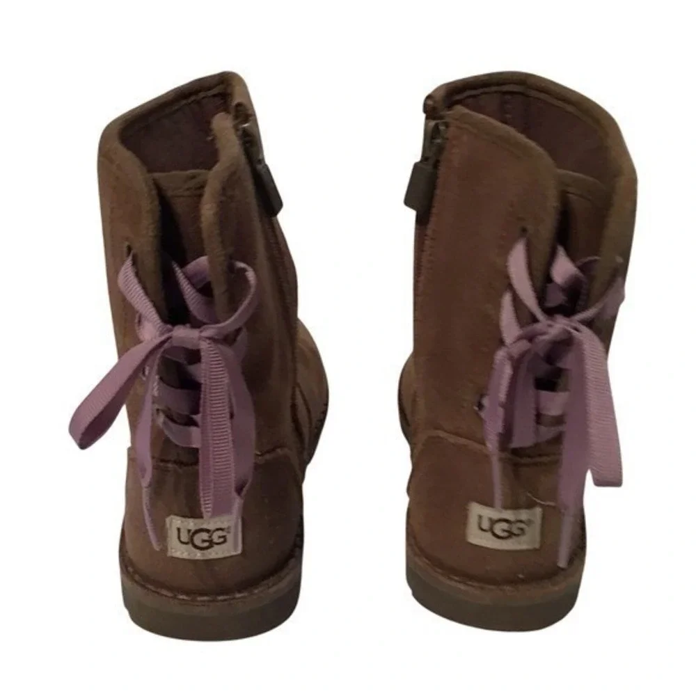 UGG Kids Brown Suede Side Zip Boots with Purple Back Ribbon‎ Detail Size 36